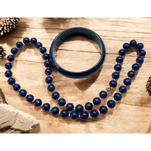 Vintage Navy Blue Beaded Necklace & Bangle Bracelet Set - Picture 1 of 8